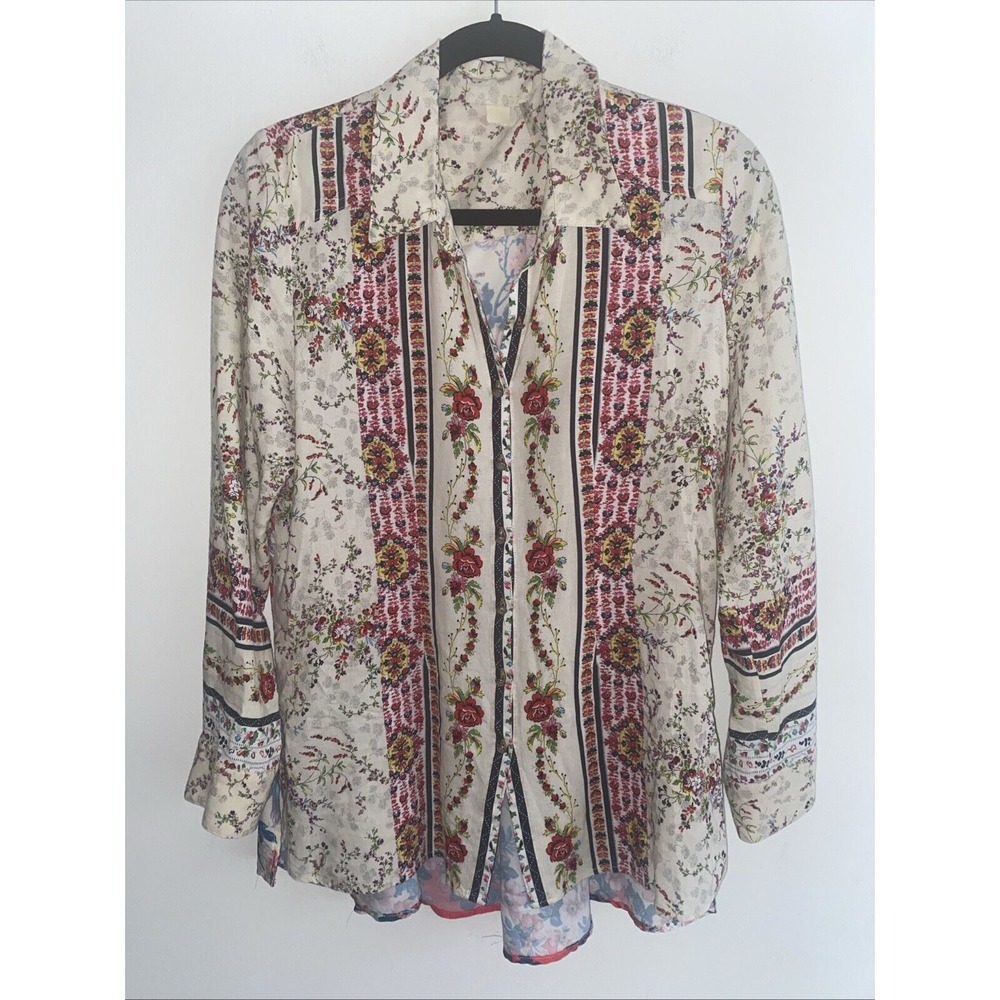 Anthropologie Cyrena Floral Print Button Down Linen Blend Top Size Medium